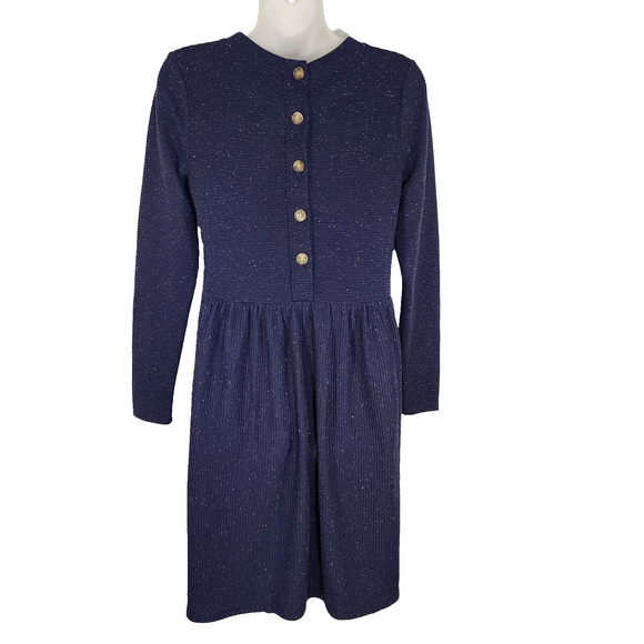 Loft Petite Womens Navy Blue Flecked Button Back Swing Dress XSP Long Sleeve - Picture 2 of 9